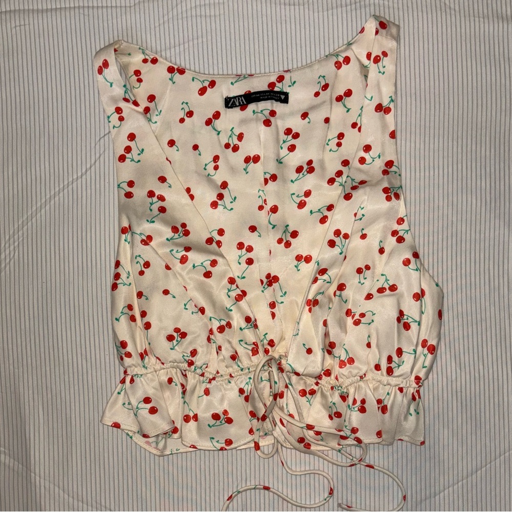 Zara cherry print deep v neck tie waist cropped top